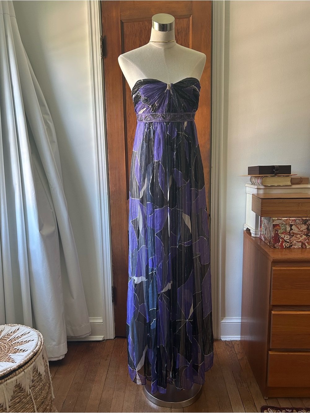 BCBGMaxAzria Strapless Black and Purple Floral Gown